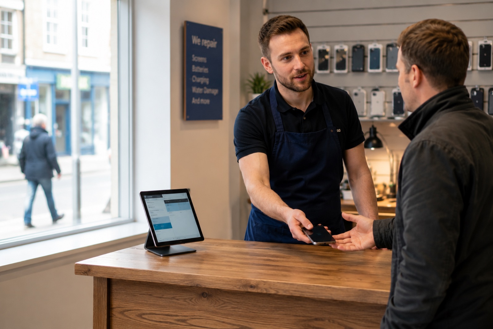 A technician handing a repaired phone to a customer at a repair shop counter, with the TechBuff till on a tablet